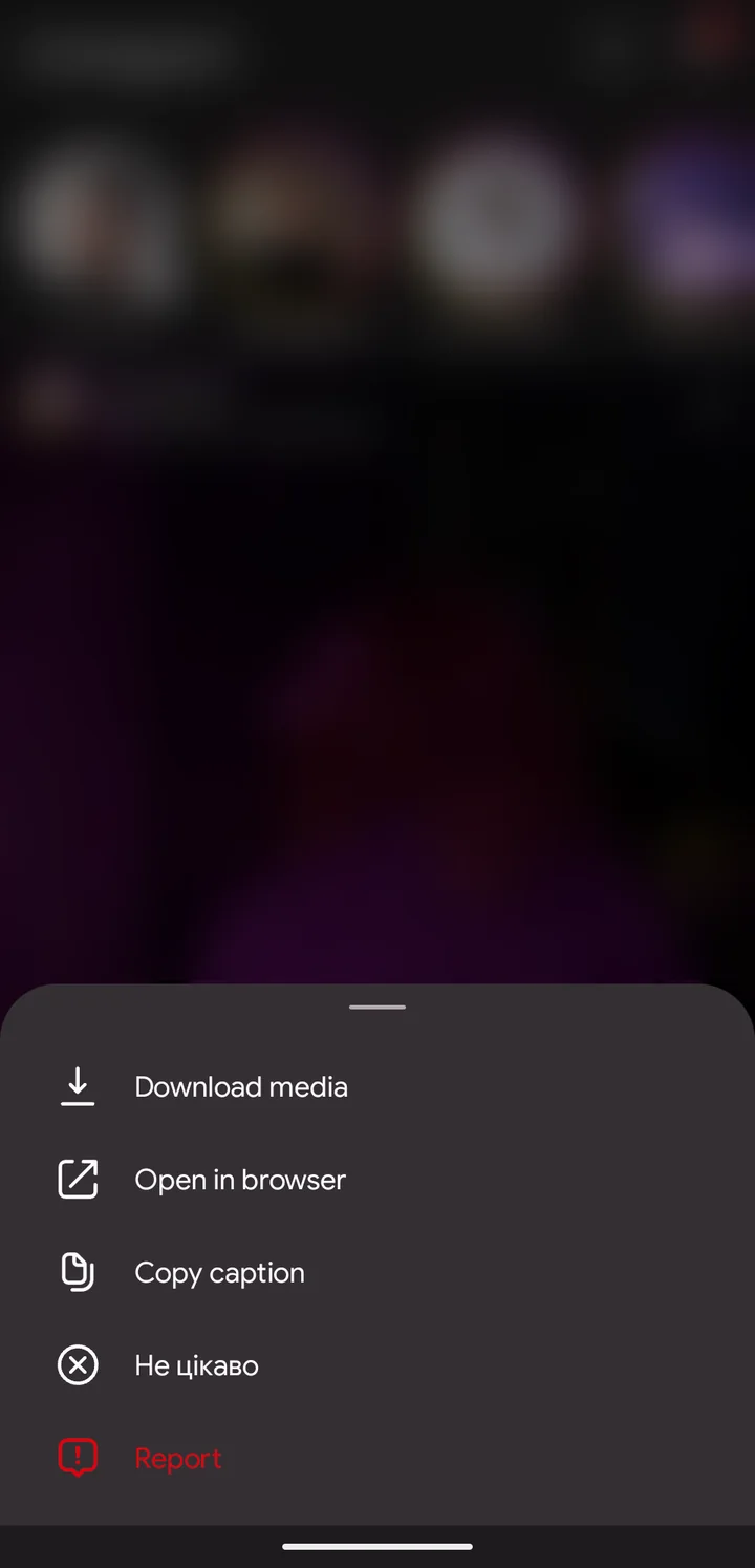 Menu do post com opções de baixar e copiar