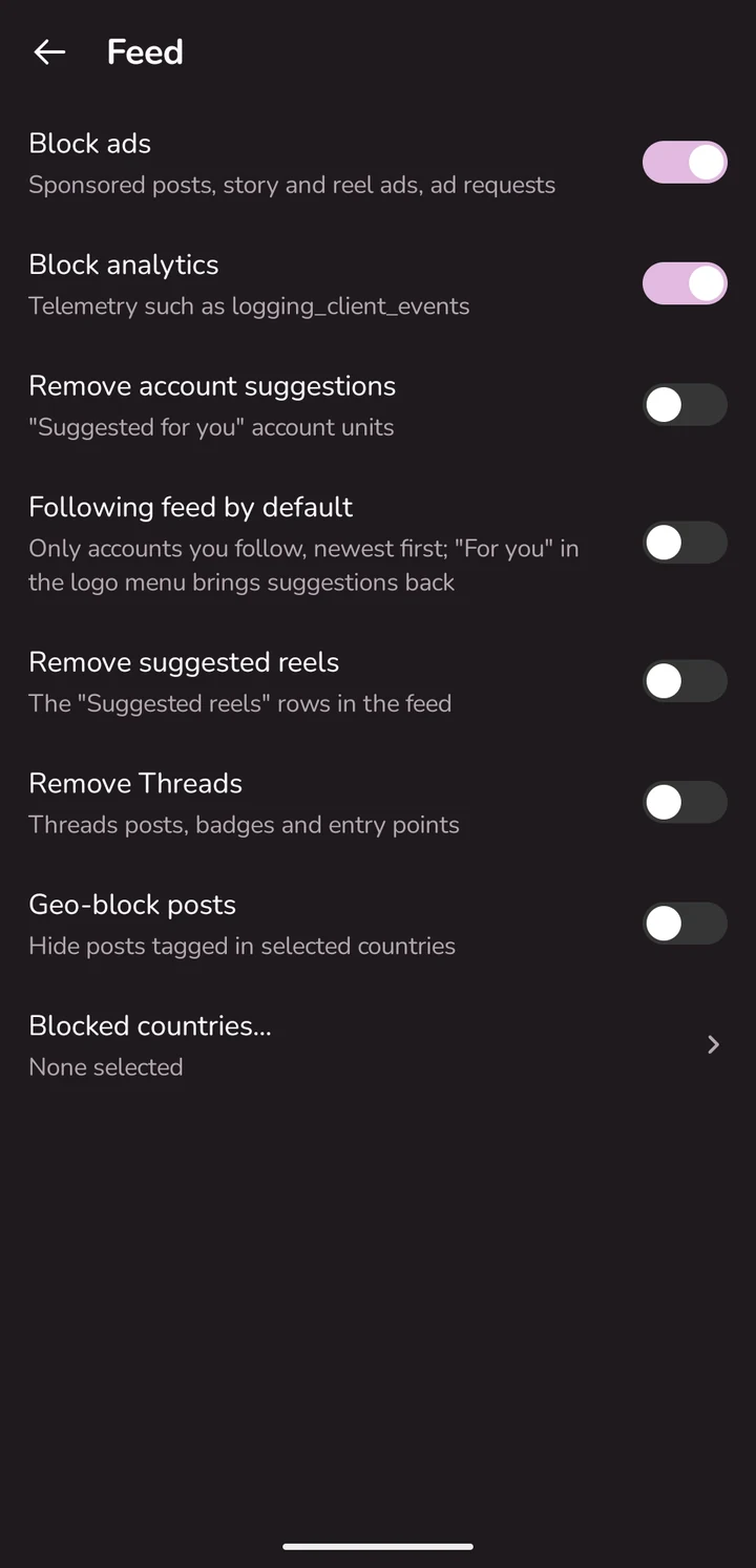 Configurações do feed: bloqueio de anúncios e análises, filtros de sugestões