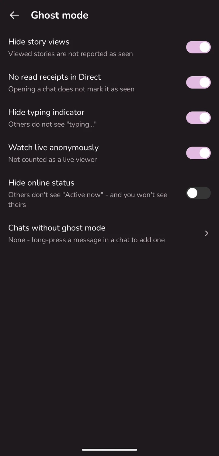 Configurações do modo fantasma: ocultar visualizações de stories, "Visto" e "digitando" no Direct