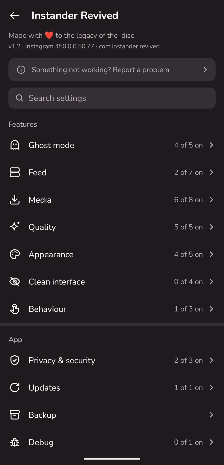 Configurações do Instander Revived no estilo do próprio Instagram: categorias com ícones e busca